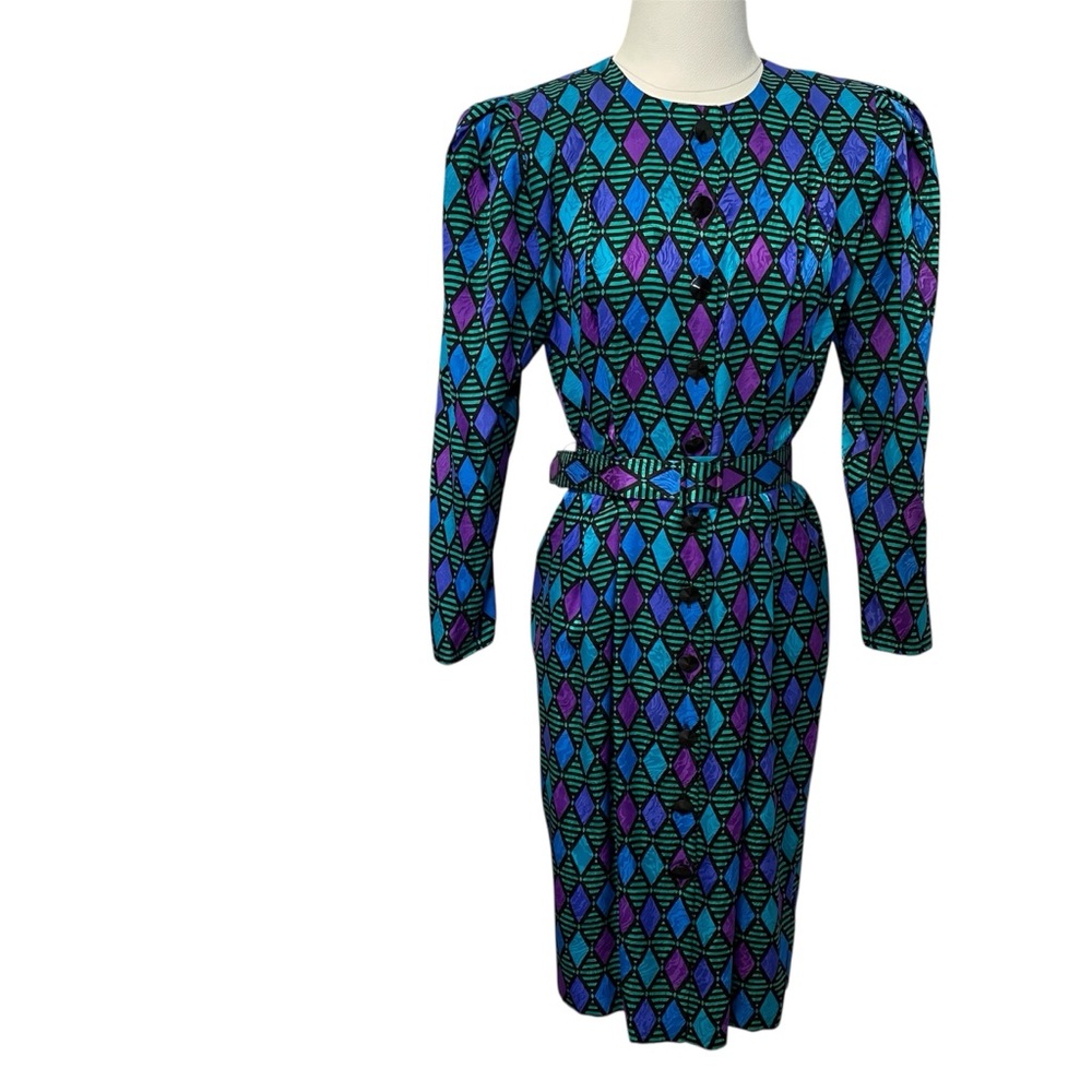 Vintage Papell Petites Silky Harlequin Print 90’s Dress